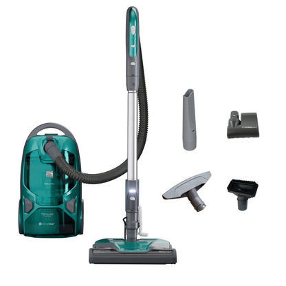 Teal vacuum cleaner with attachments on a white background