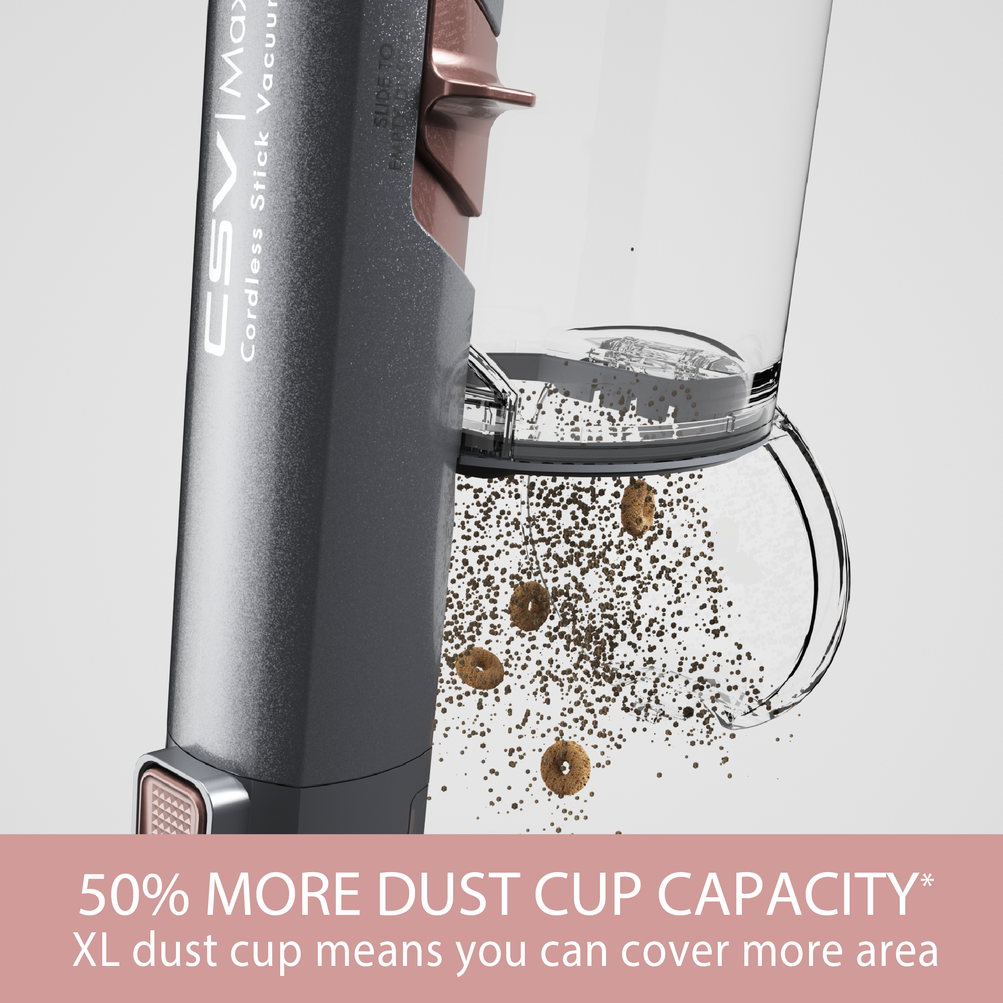 Cordless stick vacuum cleaner with dust cup capacity text overlay