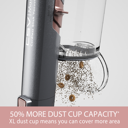 Cordless stick vacuum cleaner with dust cup capacity text overlay