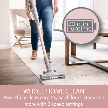 Person using a vacuum cleaner on a wooden floor with a '30 min. runtime' label and text about cleaning capabilities.