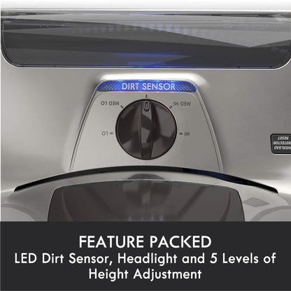 Dirt sensor and headlight control panel on a vacuum cleaner with text highlighting features.