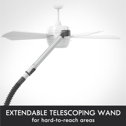 Extendable telescoping wand with a dusting brush attachment cleaning a ceiling fan on a white background