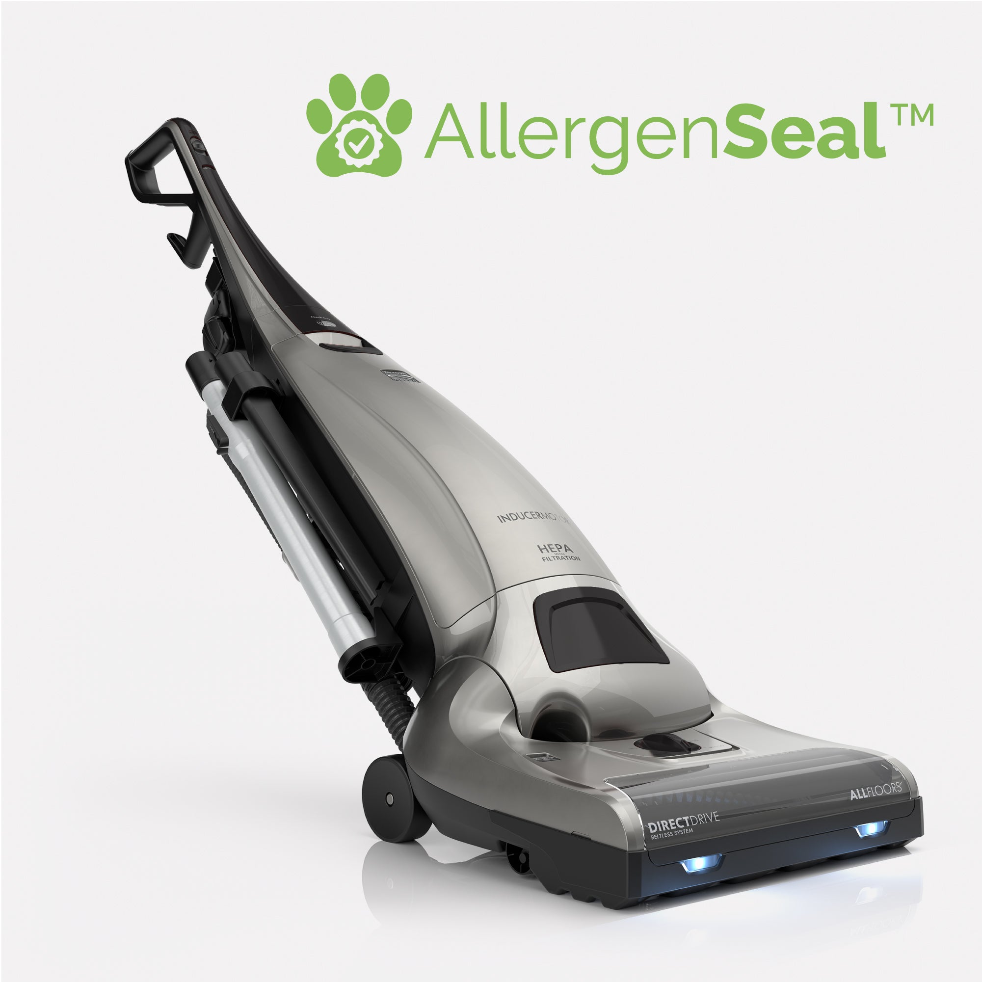 Vacuum cleaner with AllergenSeal logo on a white background