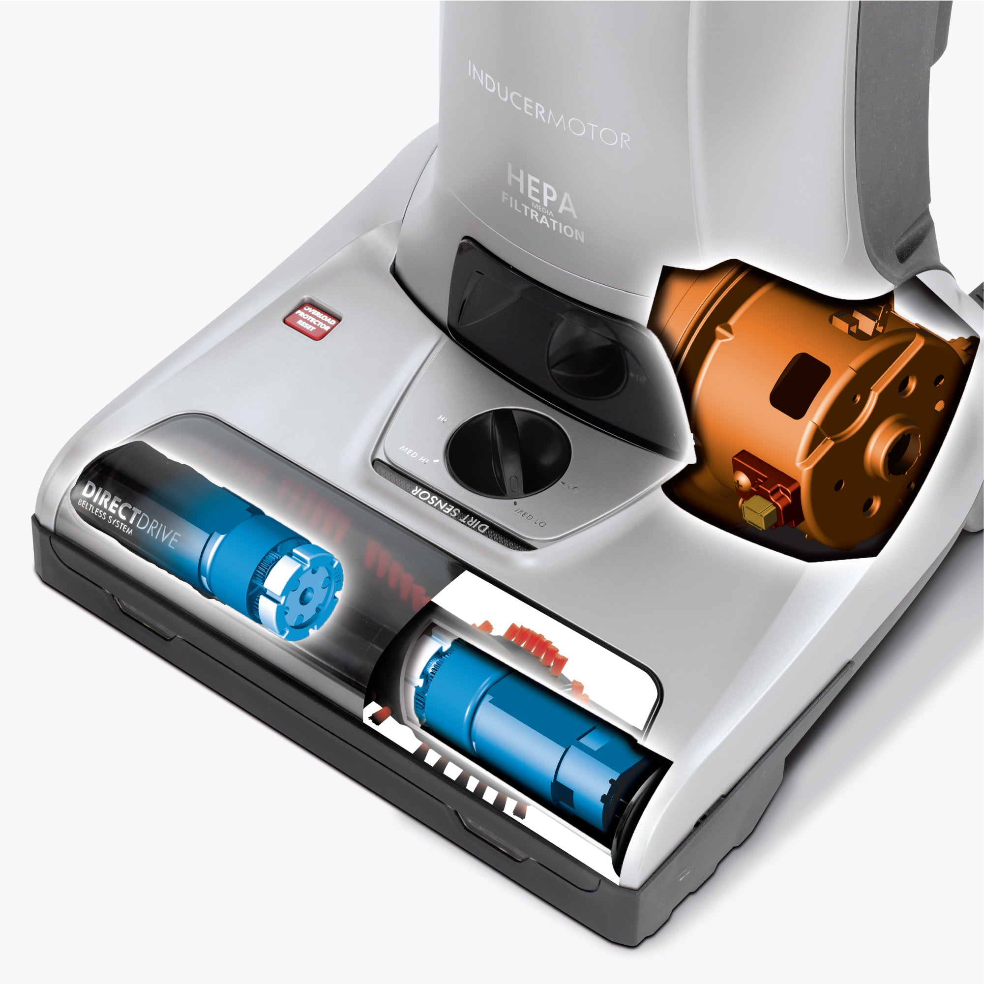 Close-up of a vacuum cleaner with HEPA filtration and Direct Drive technology on a white background.