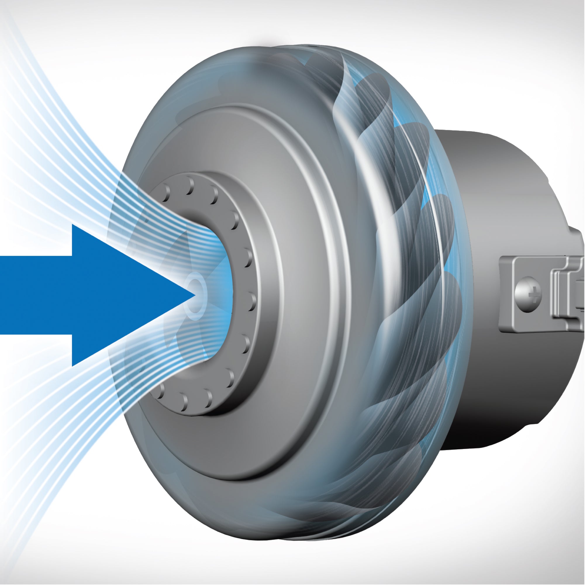 Illustration of a motor with blue arrows indicating airflow on a white background