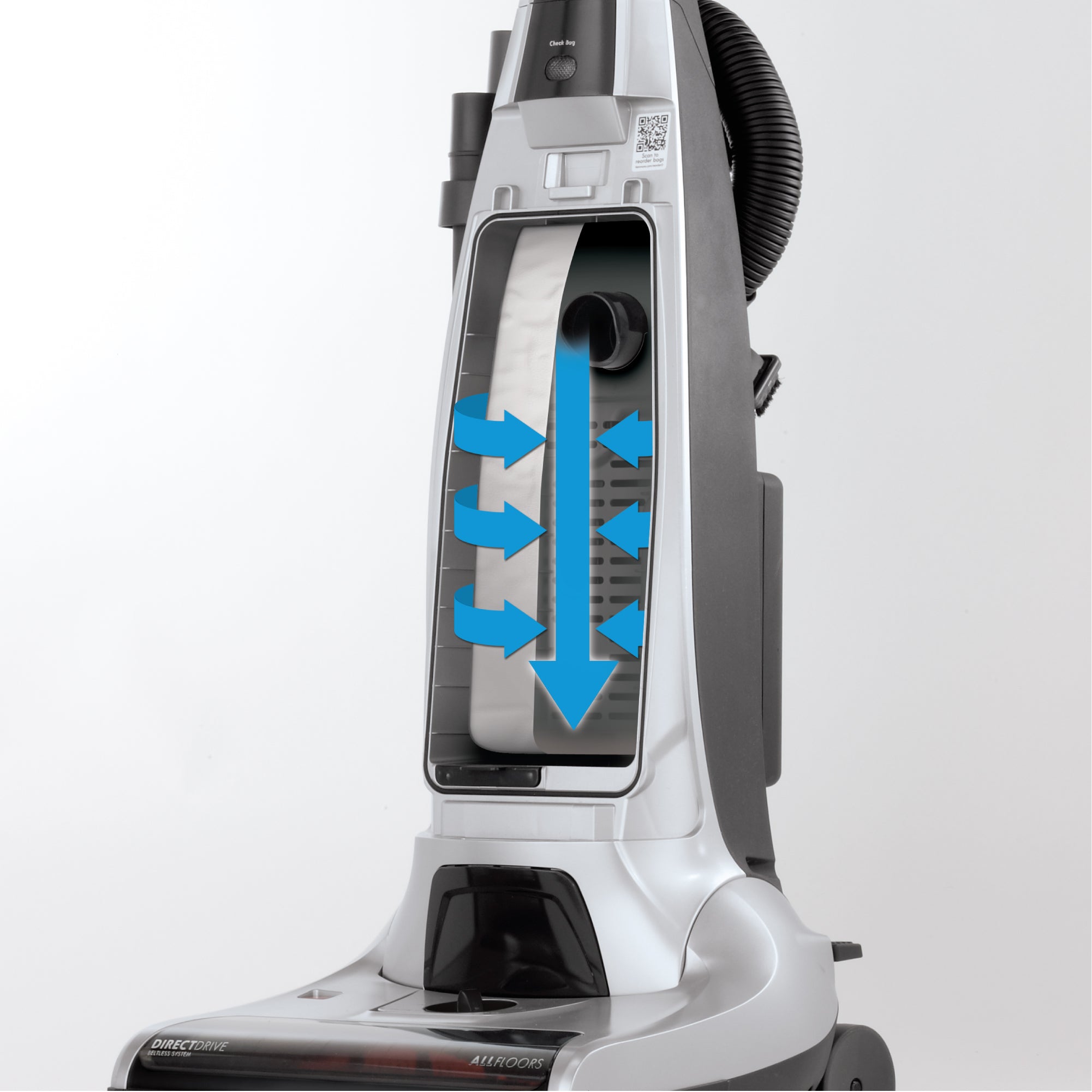 Vacuum cleaner with blue arrows illustrating PowerFlow Technology on a white background