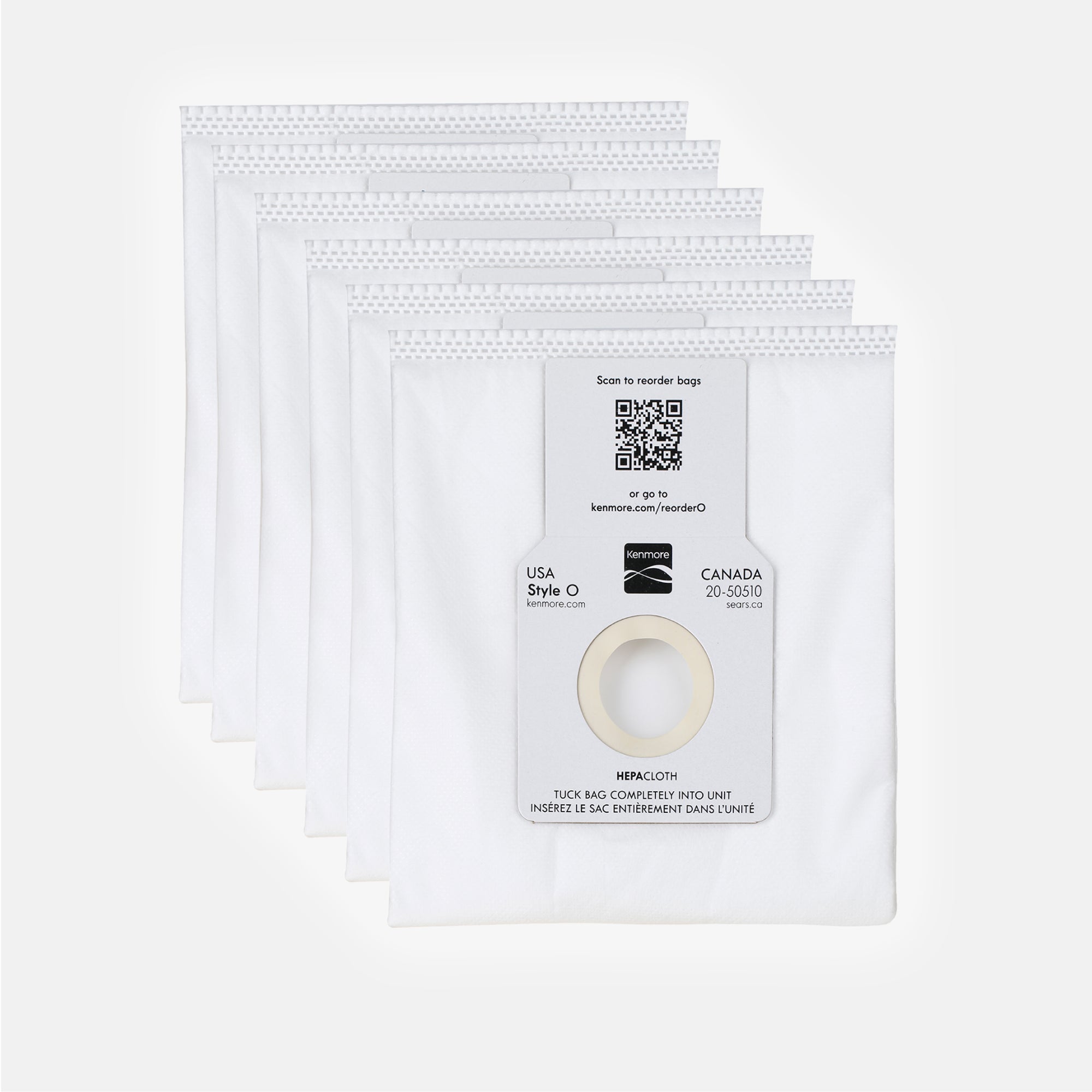 Set of white vacuum cleaner bags with labels on a white background