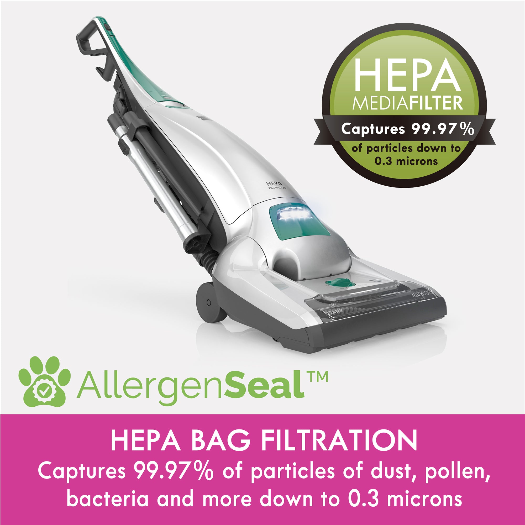 Vacuum cleaner with AllergenSeal HEPA media filter on a white background