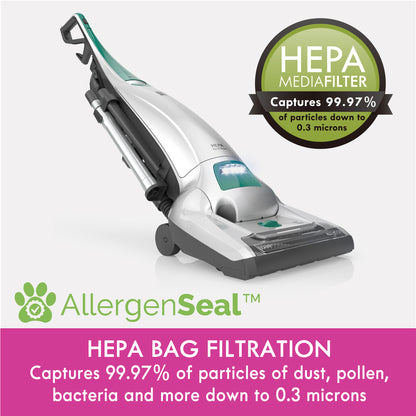 Vacuum cleaner with AllergenSeal HEPA media filter on a white background