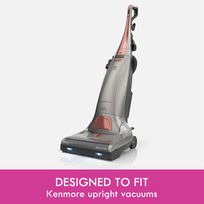 Kenmore upright vacuum cleaner on a white background with a pink banner at the bottom.