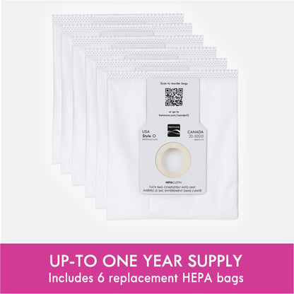 Set of replacement HEPA bags with a QR code label on a white background.