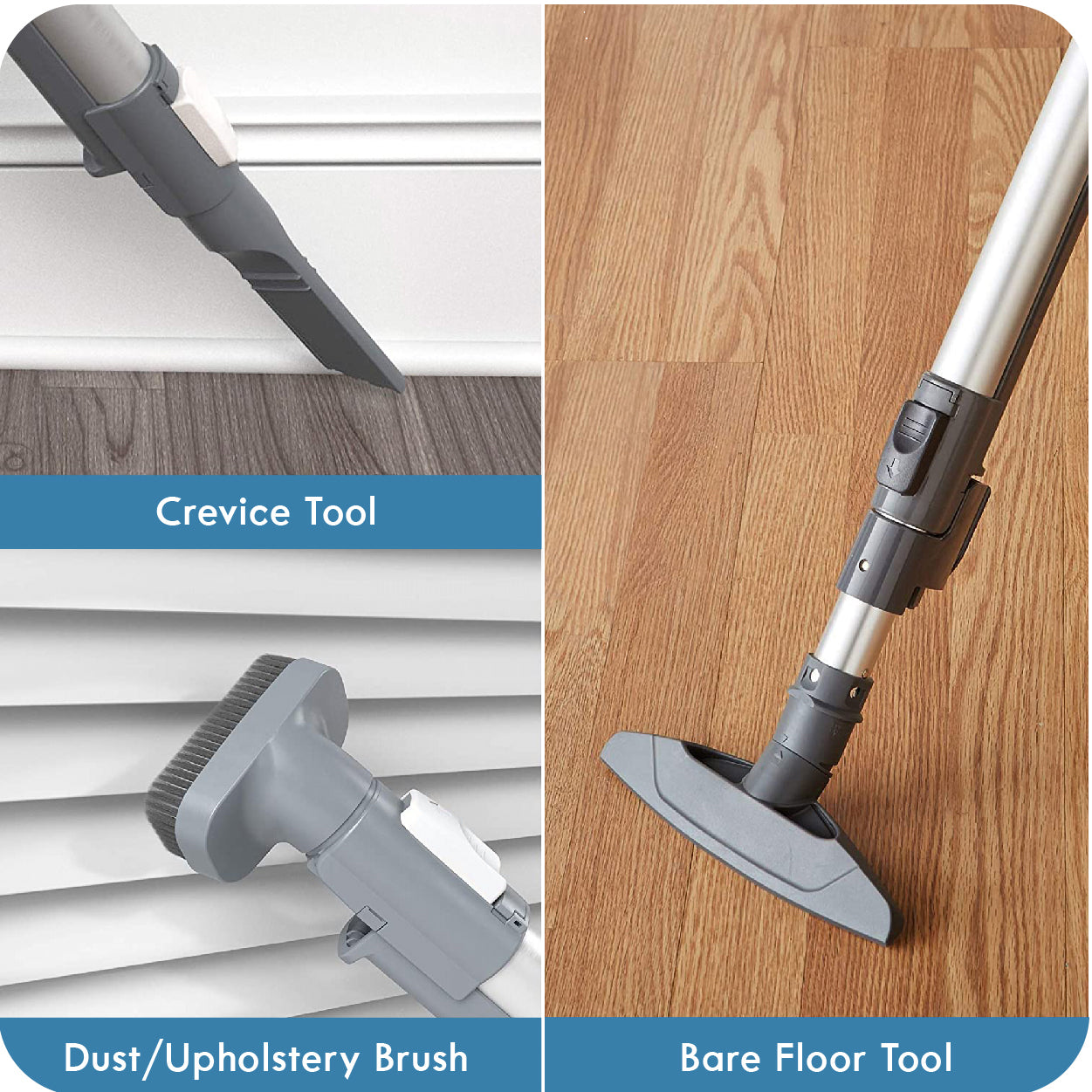 Vacuum cleaner attachments including crevice tool, dust/upholstery brush, and bare floor tool on wooden and wooden panel backgrounds.