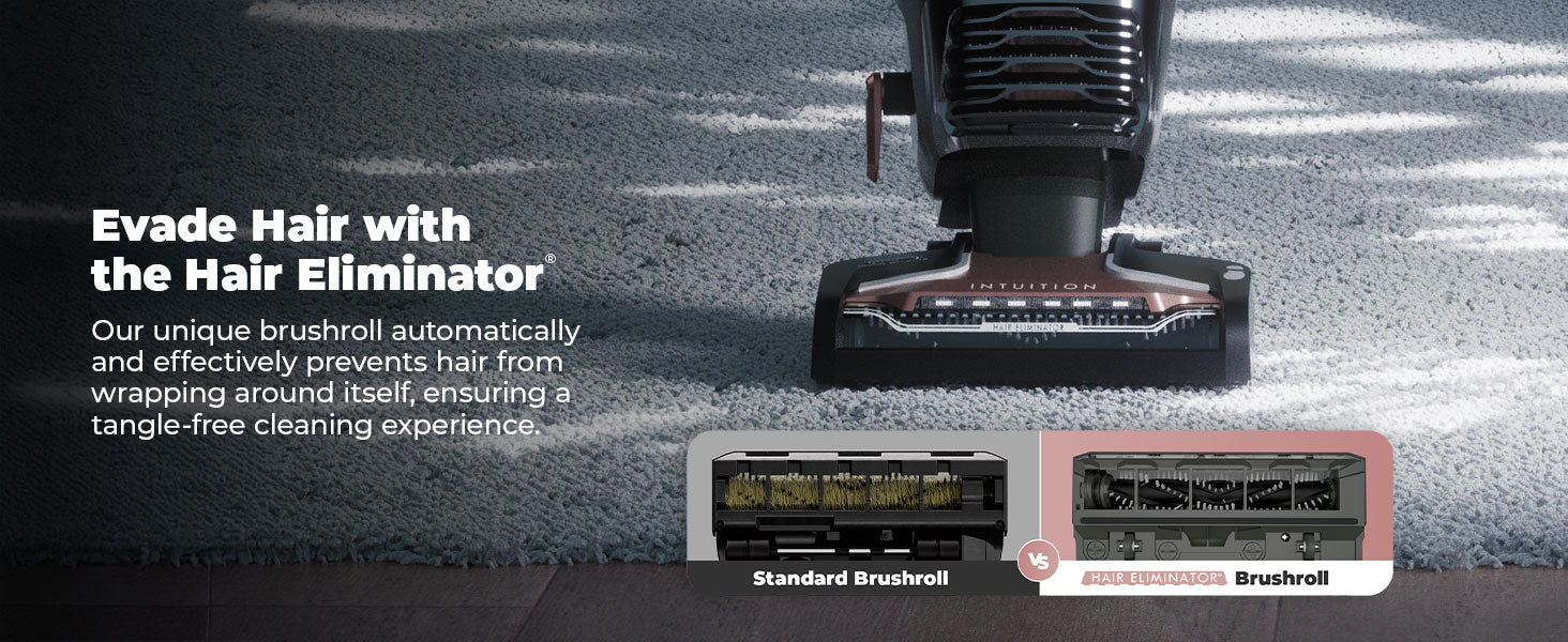 Image shows the difference between a typical brushroll and the Hair Eliminator brushroll, with the Hair Eliminator brushroll automatically preventing hair from wrapping around itself.