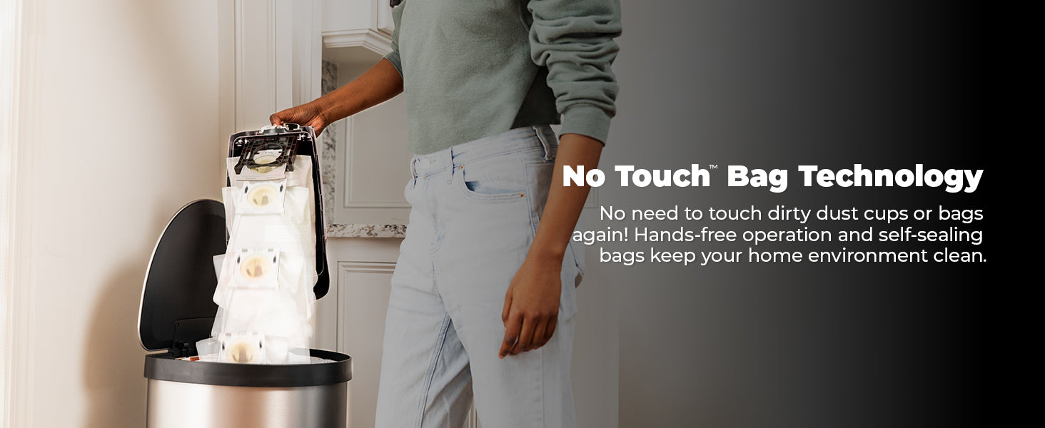 Person presses a button to release a dust bag into trash can, highlighting No Touch Bag Technology.