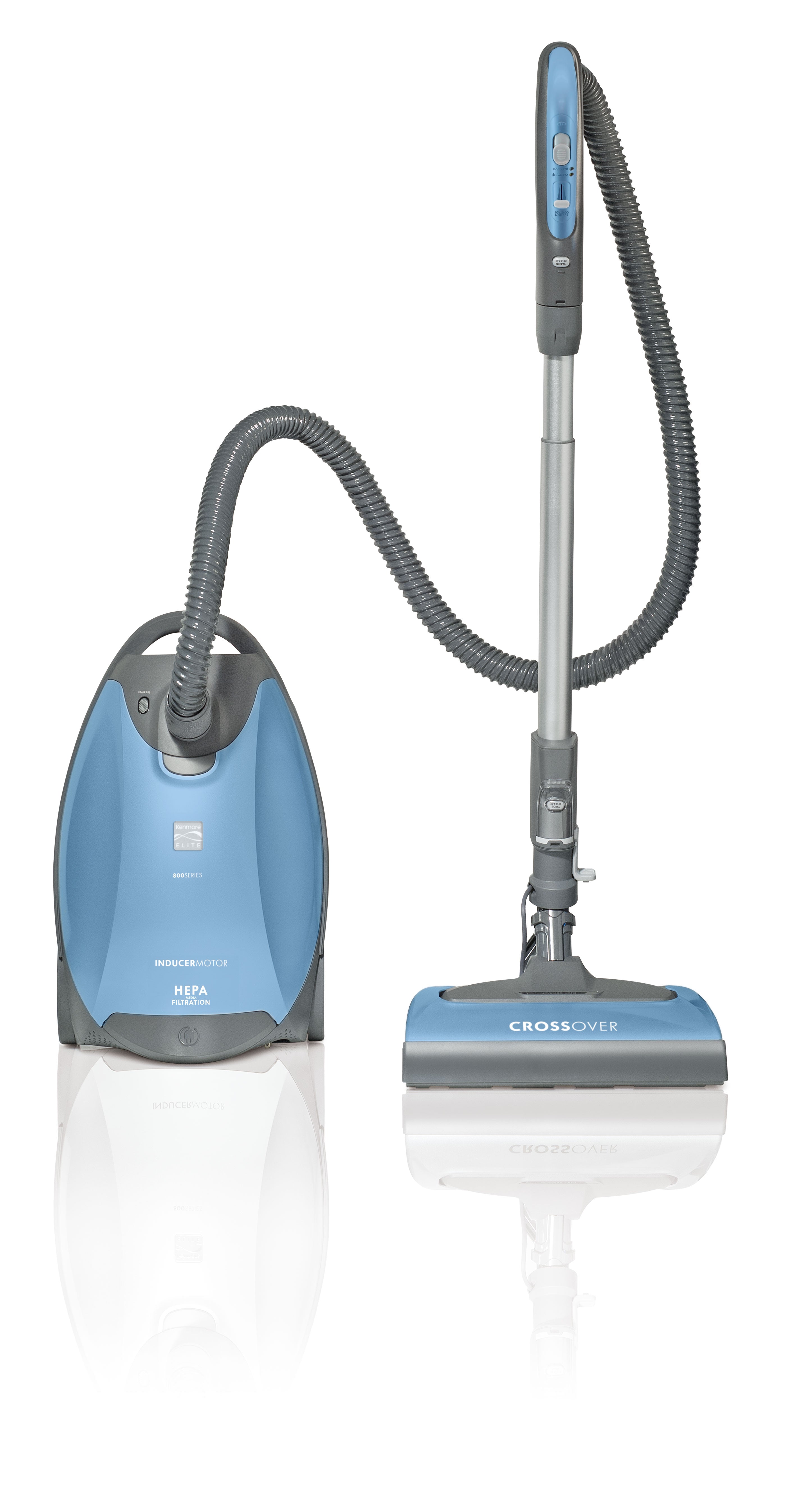 Blue and gray vacuum cleaner with hose on a white background