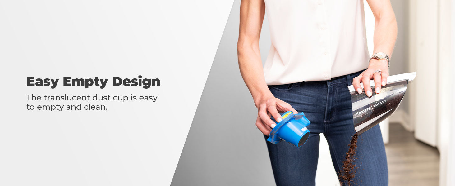 Person emptying a transparent dust cup with text on easy empty design