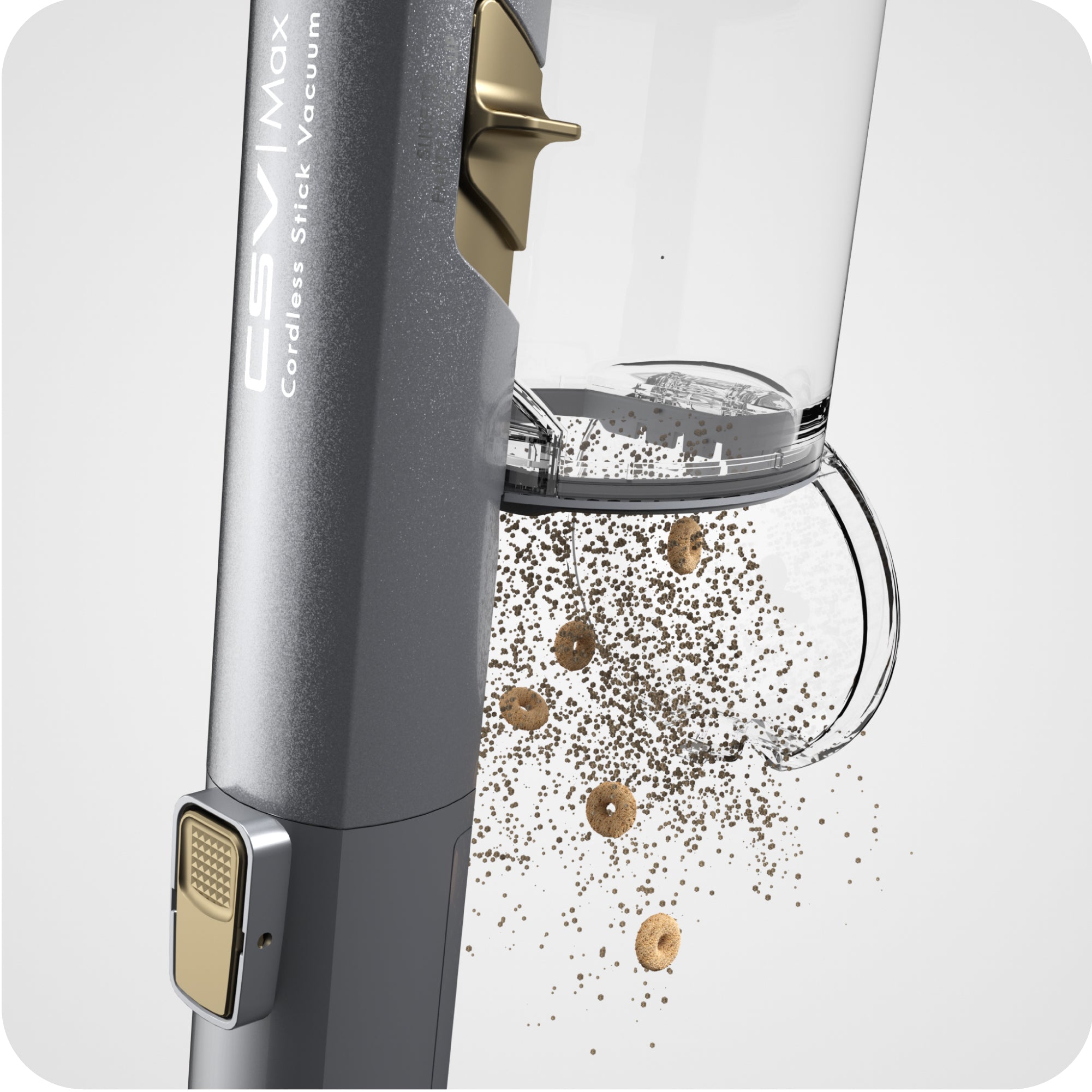 Close up of dust cup being easily emptied on white background.