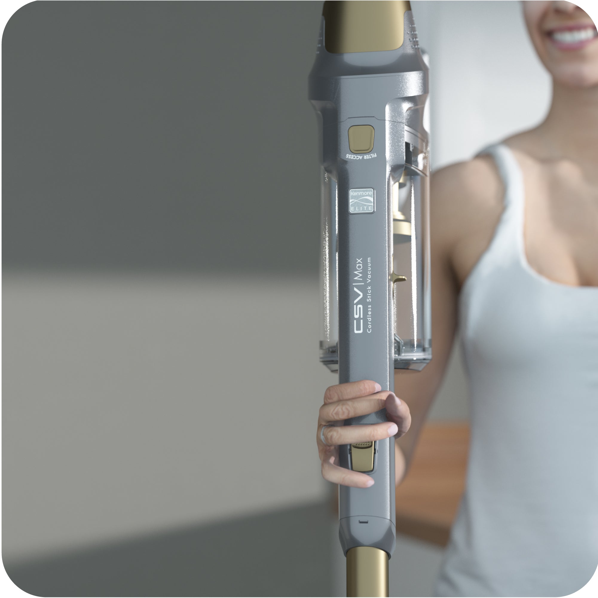 Person holds stick vac in one hand, highlighting the lightweight nature.