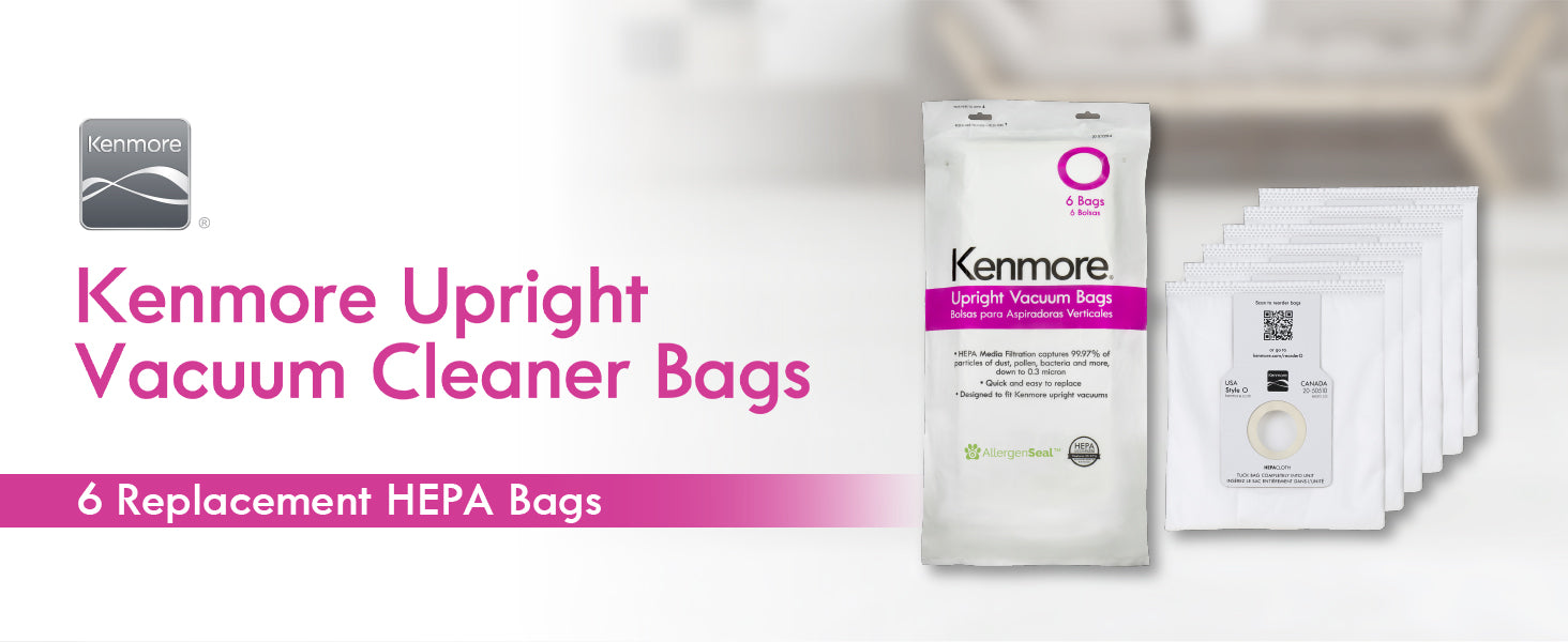 Kenmore upright vacuum cleaner bags packaging with a blurred background