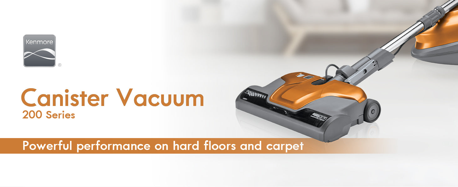 Canister vacuum cleaner with text highlighting its performance on hard floors and carpet.