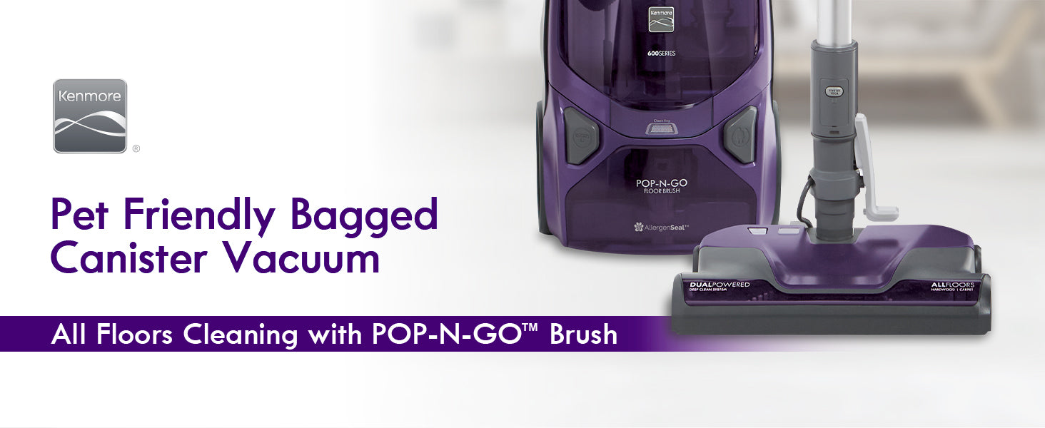 Purple canister vacuum cleaner with text about pet-friendly bagged design and POP-N-GO brush on a white background.