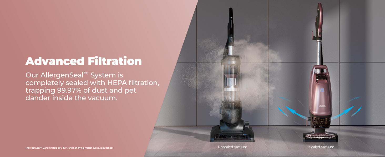 Two vacuums comparing their filtration system on a gray background