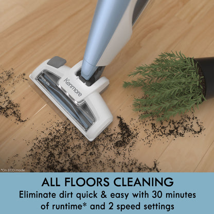 Vacuum cleaner cleaning a wooden floor with dirt and a plant, featuring Kenmore branding.