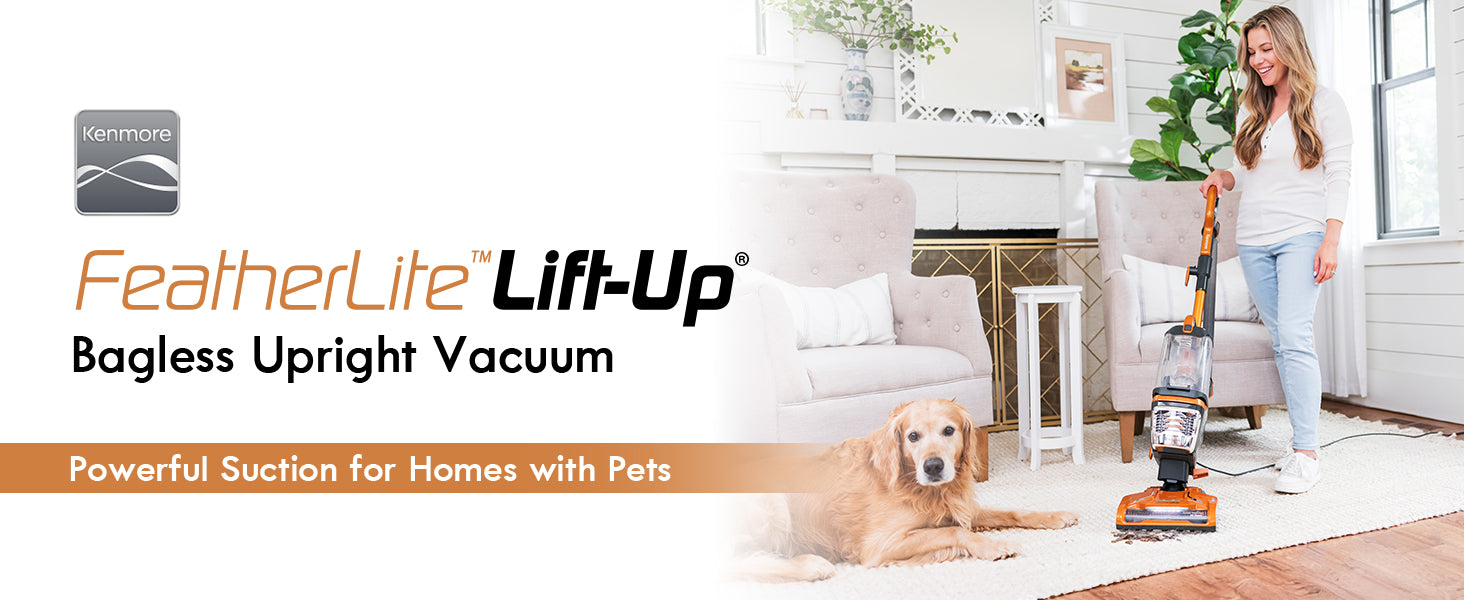 Woman using a FeatherLite Lift-Up bagless upright vacuum in a living room with a dog.