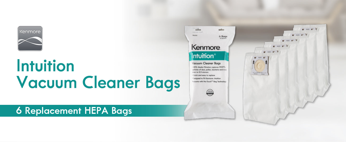 Kenmore Intuition vacuum cleaner bags with packaging on a white background