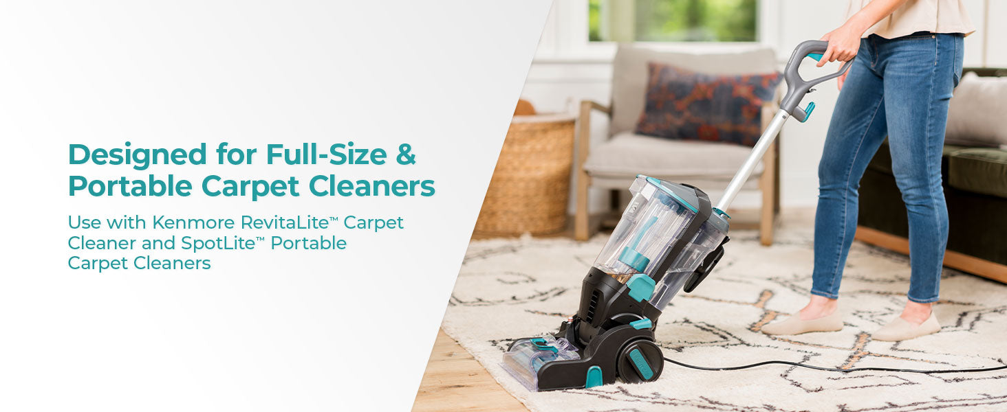 Person using a carpet cleaner on a rug with text about full-size and portable carpet cleaners.