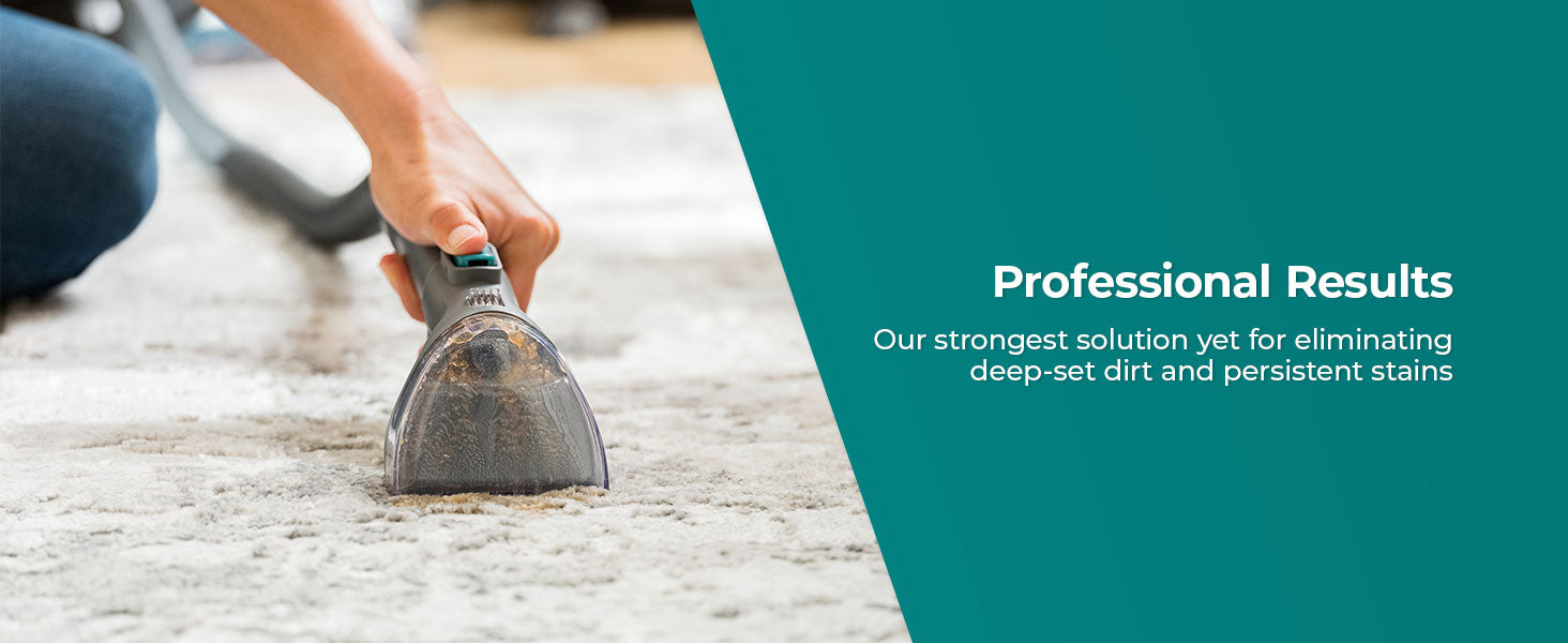 Person cleaning a carpet with a tool, text about professional results on a teal background