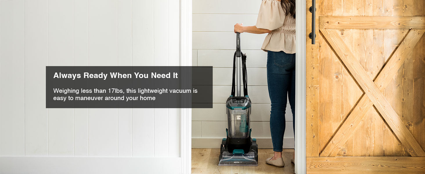 Woman storing a carpet cleaner in a home setting with text about its weight and ease of use.