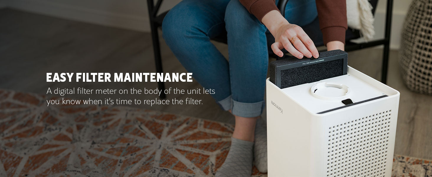 Person installing a filter on an air purifier with text about easy filter maintenance.