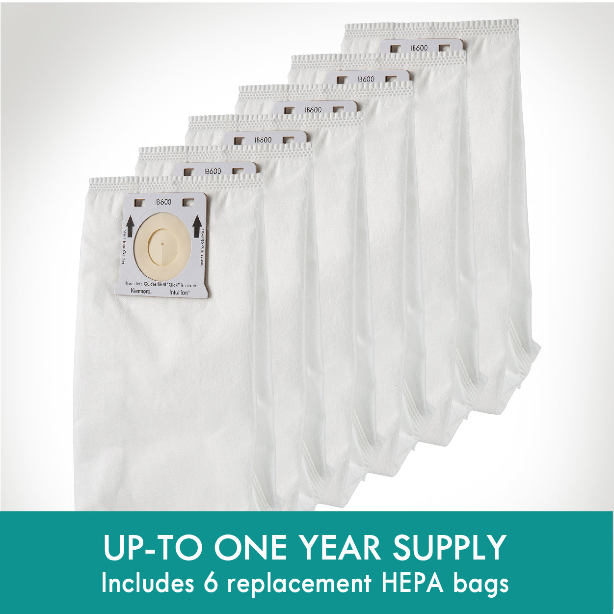 Set of six replacement HEPA bags with a visible brand logo on a white background.