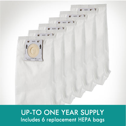 Set of six replacement HEPA bags with a visible brand logo on a white background.