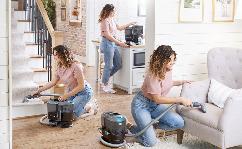 The same woman shown in three different settings using the Kenmore SpotLite. One setting on carpeted stairs, one in a kitchen, and one cleaning an upholstered chair. The image conveys how versatile the appliance is.