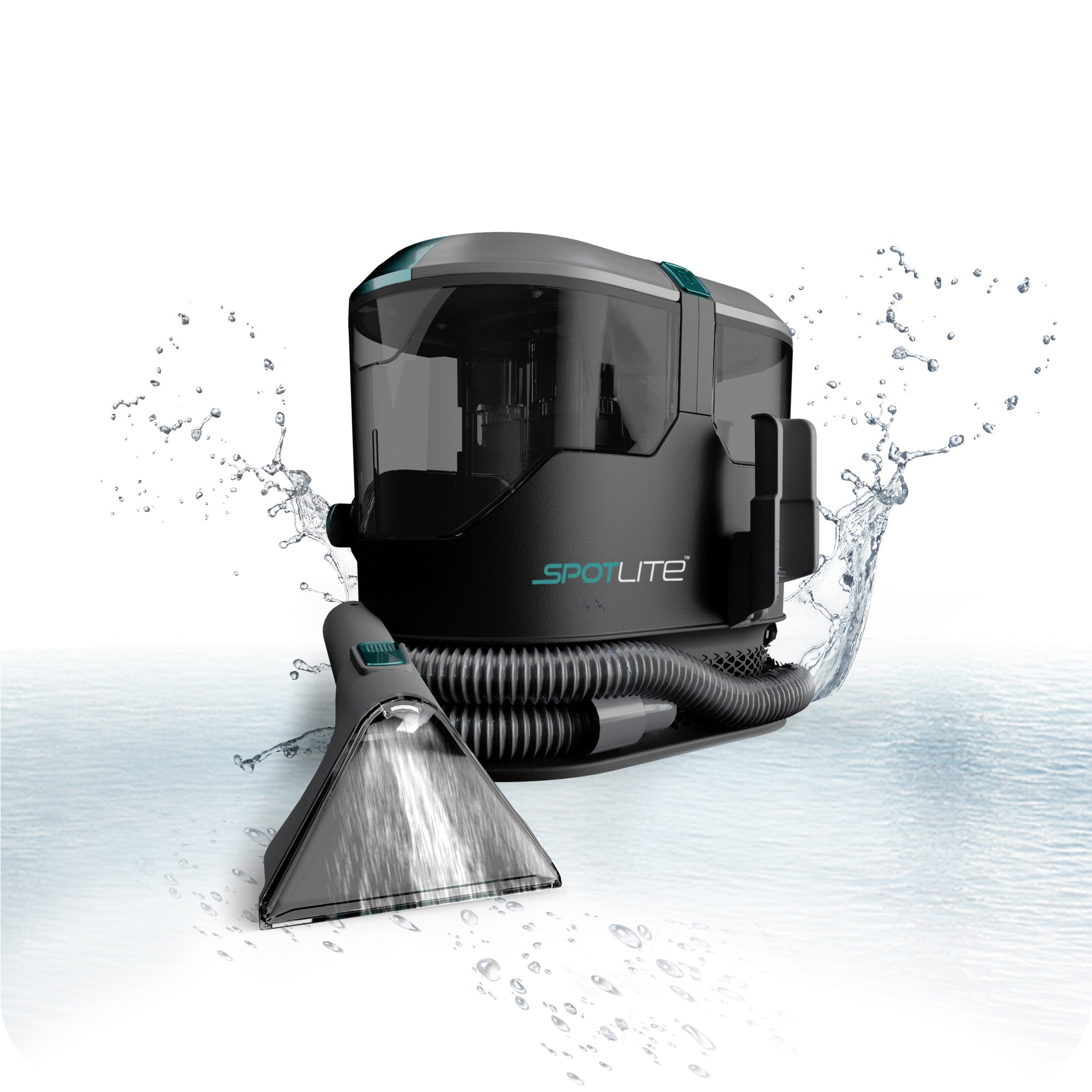 SpotLite carpet cleaner with water splashes on a white background