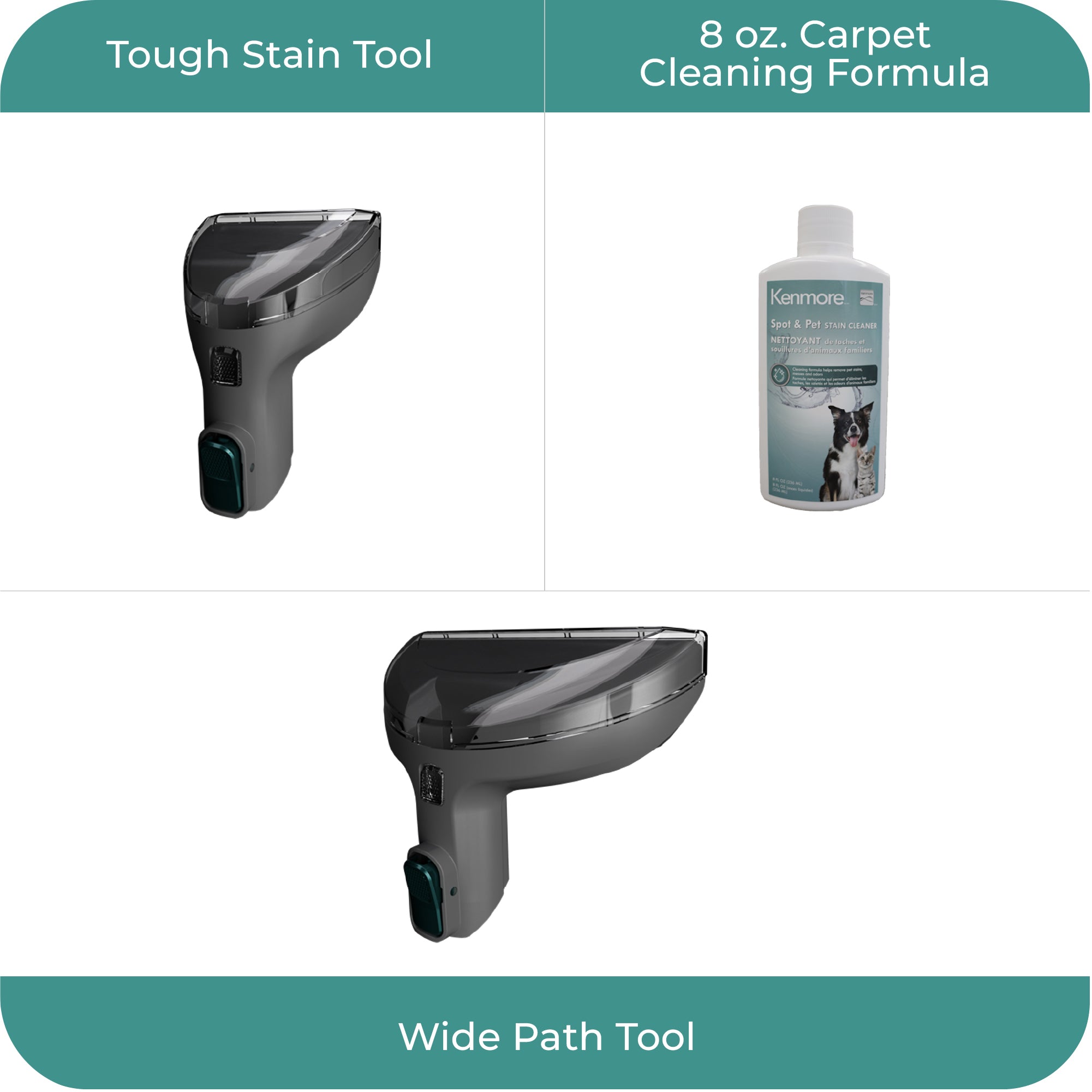 Tough stain tool, wide path tool, and 8 oz. carpet cleaning formula on a white background. 