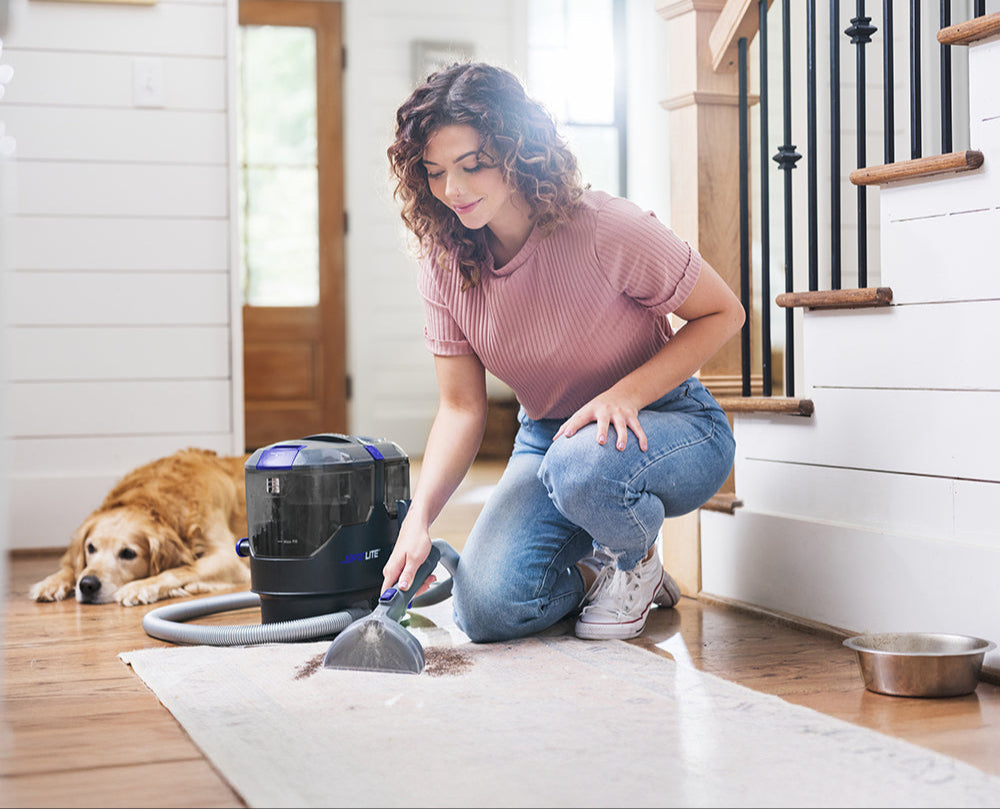 Woman cleaning a rug with a spot cleaner in a home setting