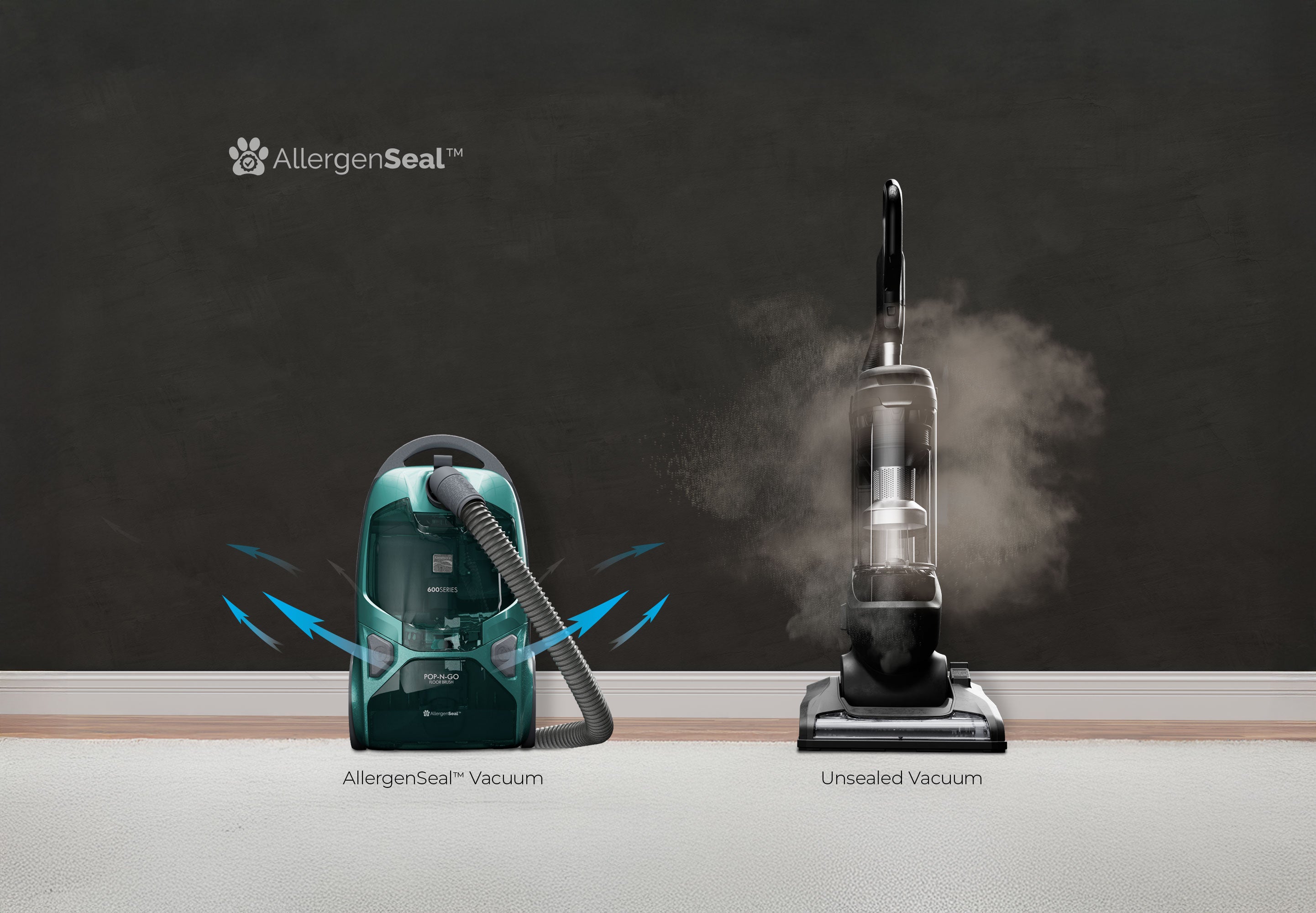 Two vacuums, one labeled 'AllergenSeal Vacuum' and the other 'Unsealed Vacuum', on a black background