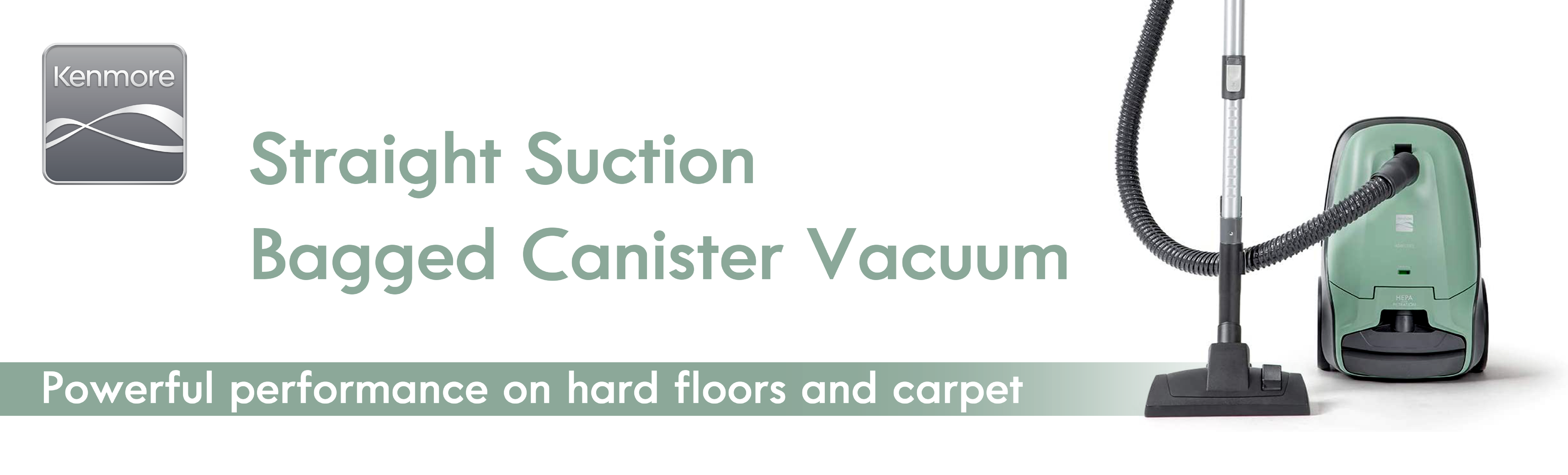 Kenmore straight suction bagged canister vacuum cleaner with text on a white background