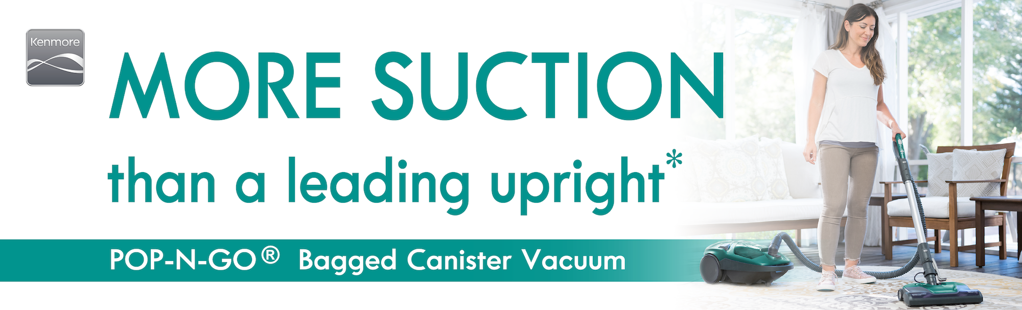 Graphic for a bagged canister vacuum cleaner with text 'More suction than a leading upright' and a woman using the vacuum.