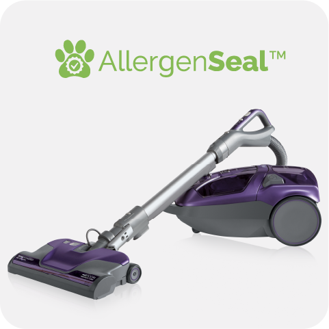 Purple and gray canister vacuum cleaner with 'AllergenSeal' branding on a white background