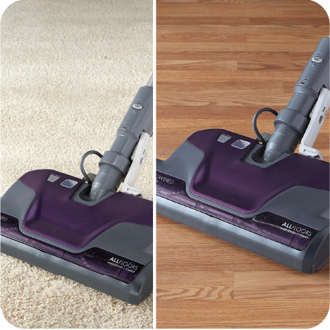 Two views of a canister vacuum cleaner head on carpet and wood floor.
