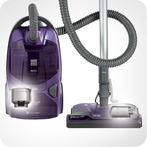 Purple canister vacuum cleaner illustrating two-motor system on a white background