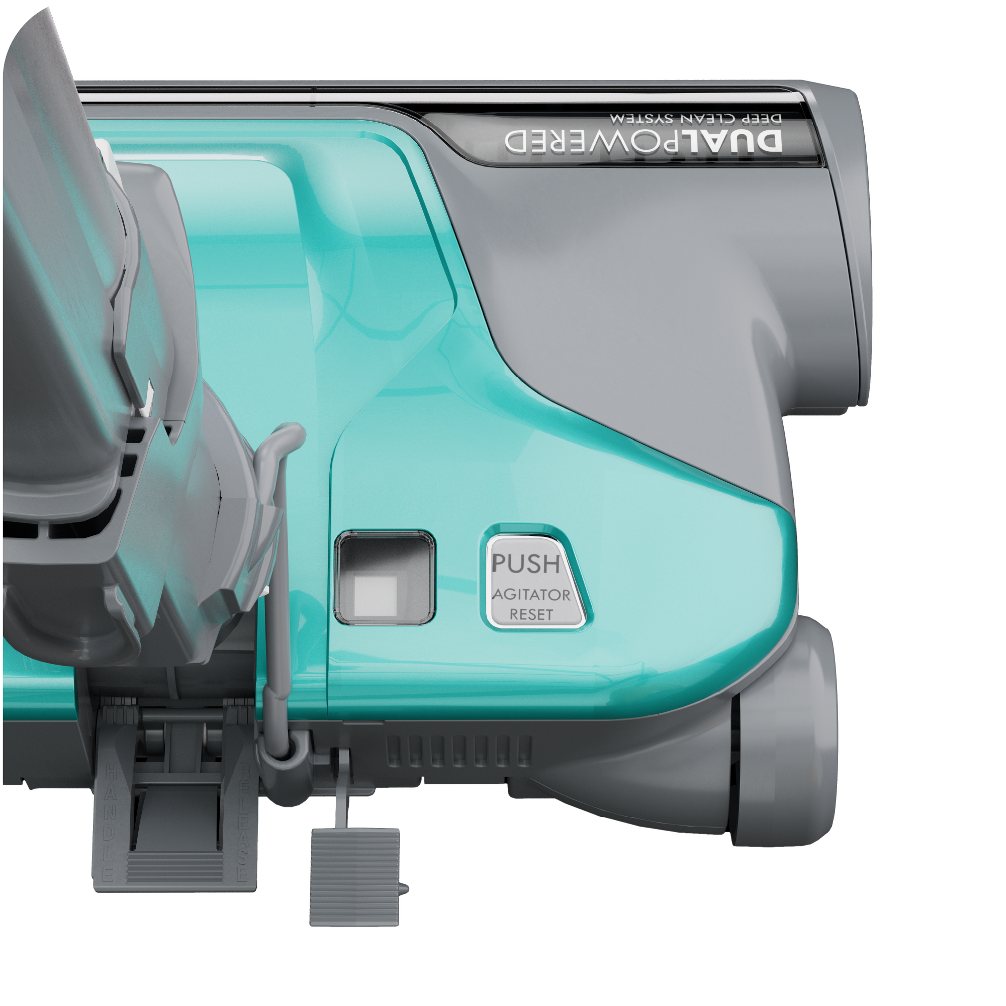 Teal and gray canister vacuum with 'Dual Powered' text and highlighting height adjustment feature on a white background