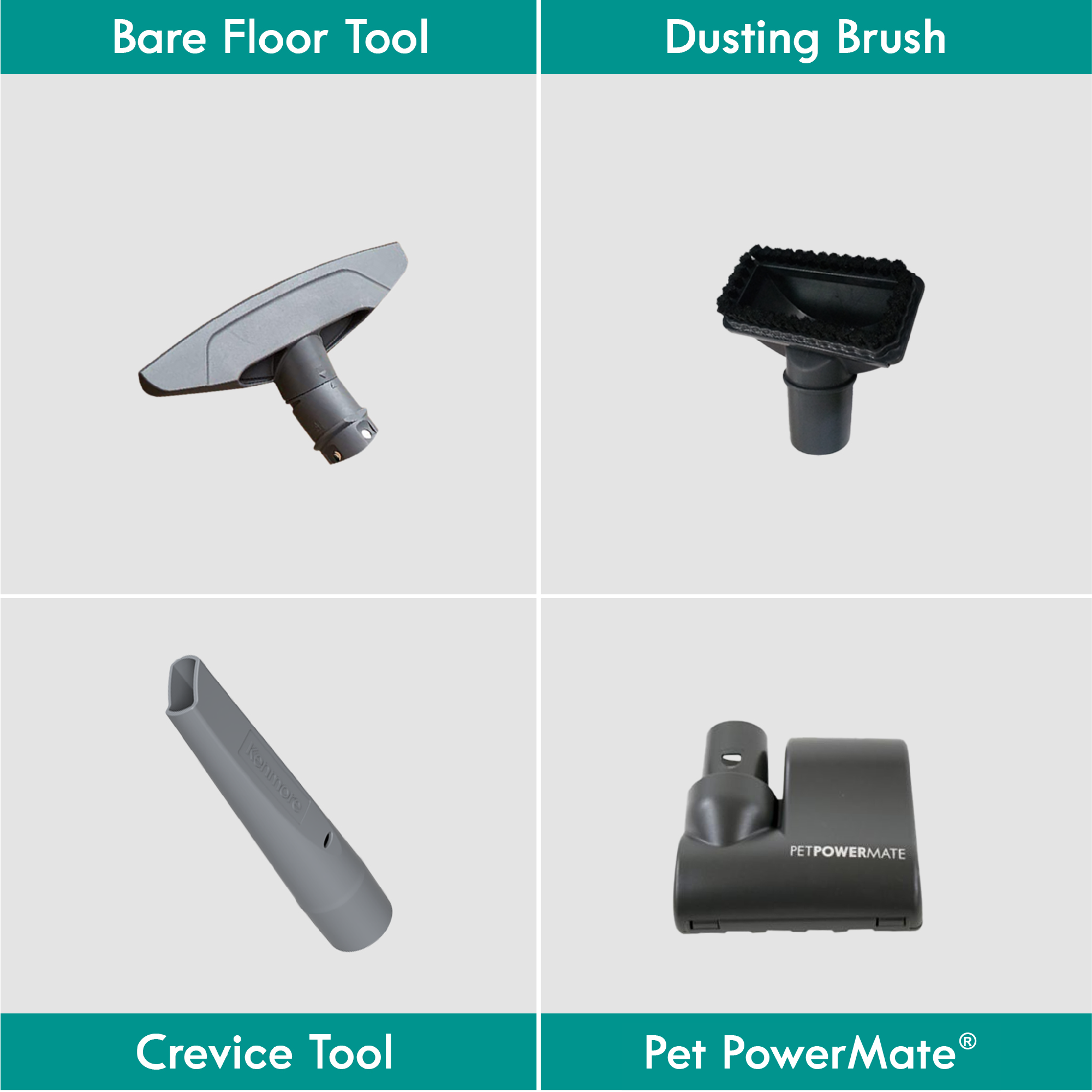 Set of vacuum cleaning tools including bare floor tool, dusting brush, crevice tool, and Pet PowerMate vacuum parts on a gray background.
