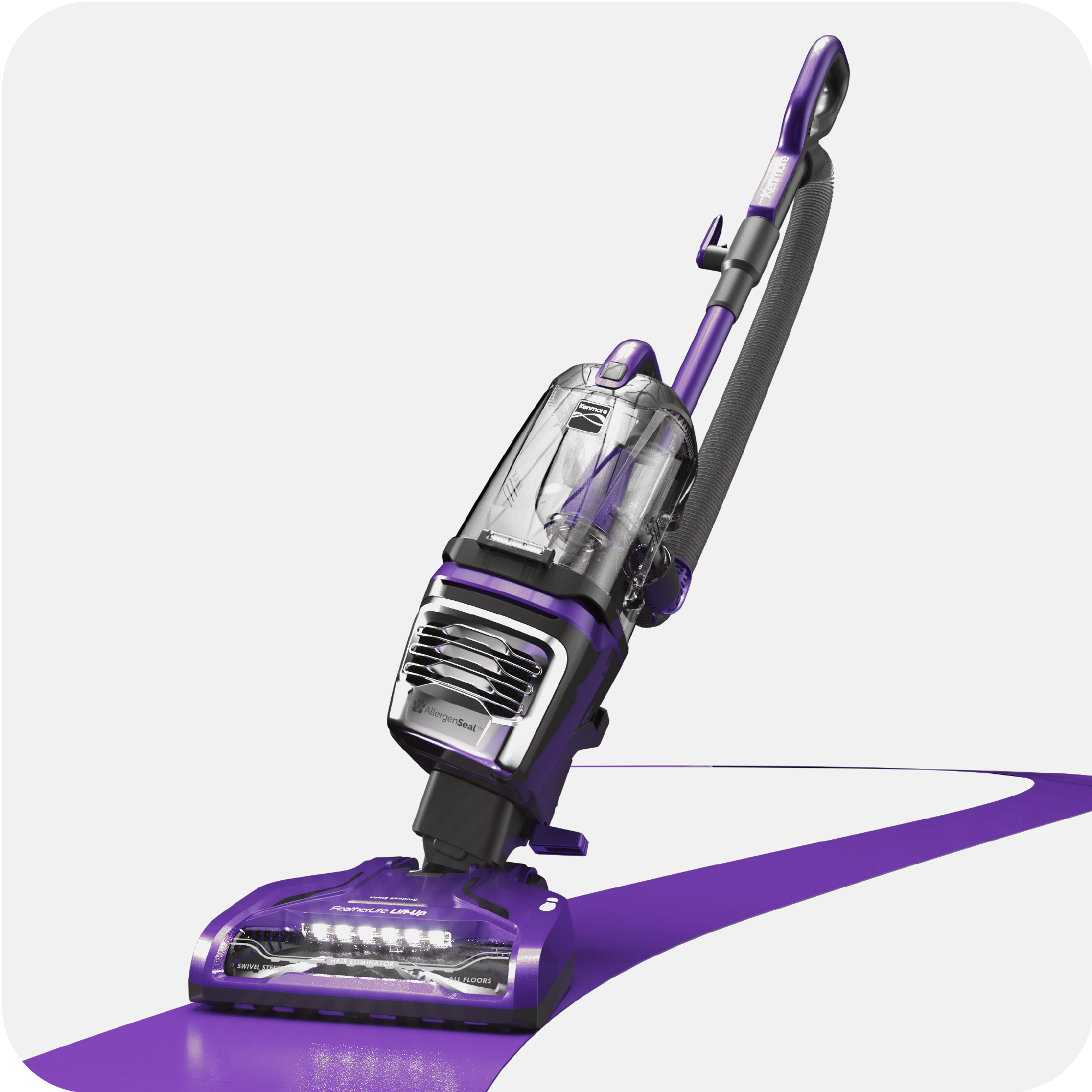 Purple vacuum cleaner swiveling on a white background
