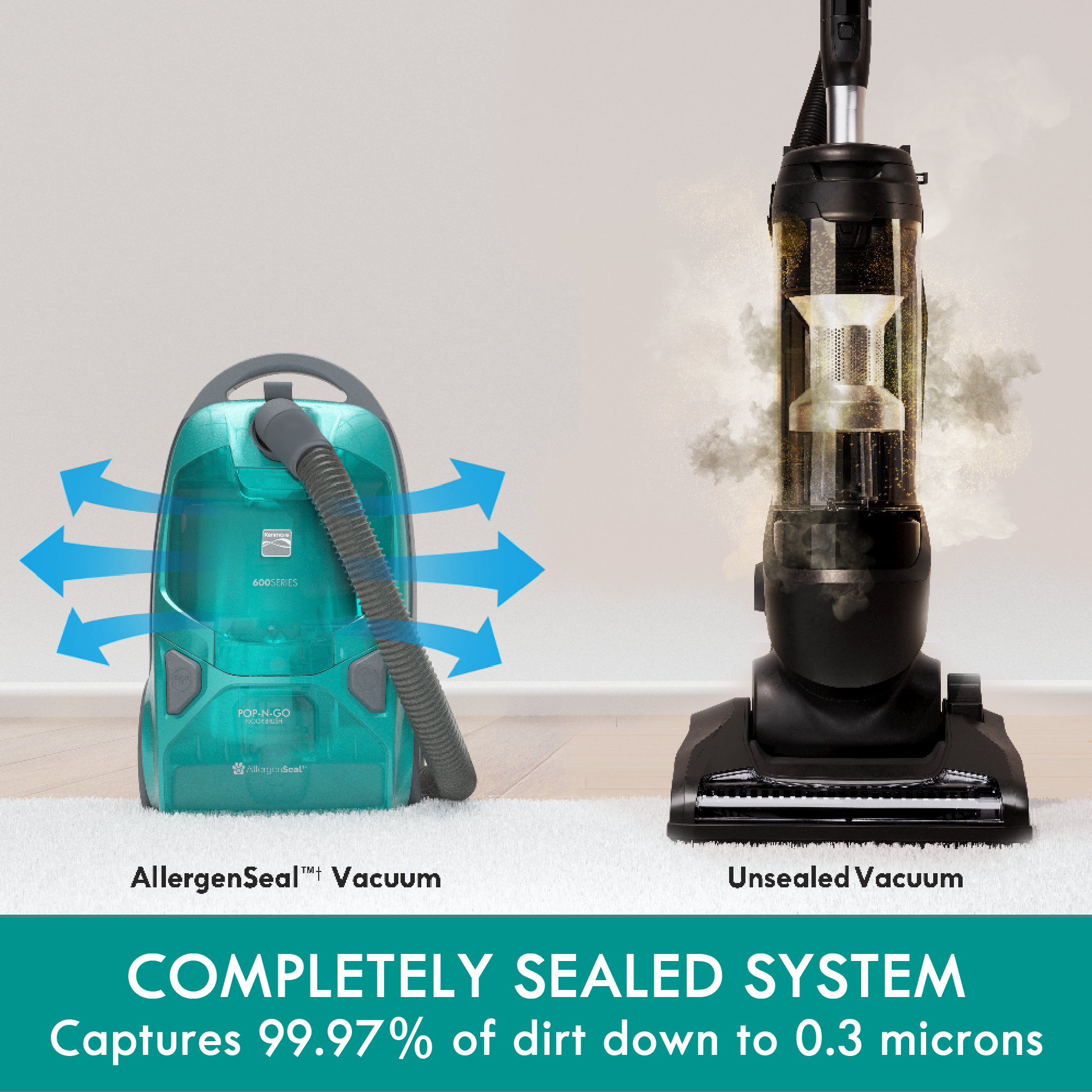 Two vacuums, one with a Kenmore completely sealed system and the other brand without, on a white background.