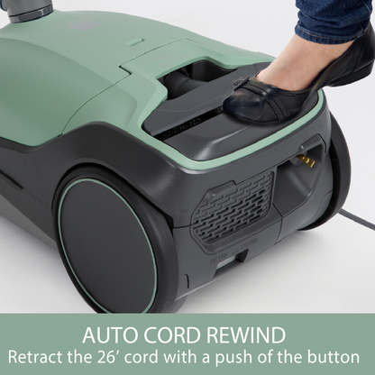 Green and gray canister vacuum cleaner with auto cord rewind feature on a white background